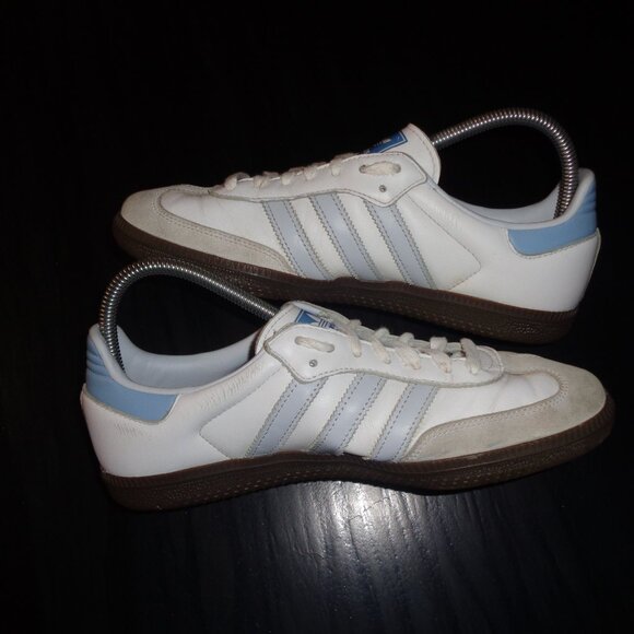 adidas Samba White and Light Blue Athletic Shoes - Picture 2 of 12